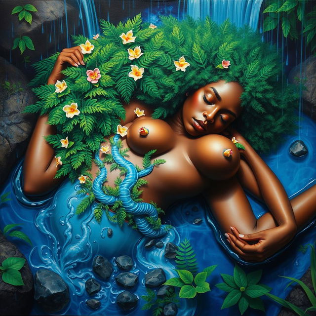 A polished, oil-based painting displaying a full aerial macro view of a gorgeous Black nude woman with a bright green tree fluffy afro