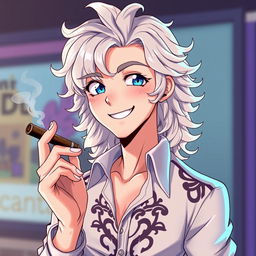 An anime-style handsome man with light long curly hair and blue eyes, smiling warmly