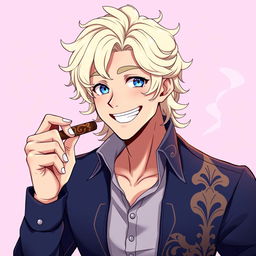 An anime-style handsome man with light long curly hair and blue eyes, smiling warmly