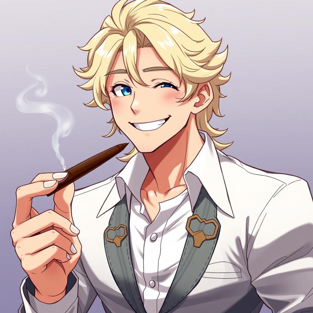 An anime-style handsome man with light long curly hair and blue eyes, smiling warmly