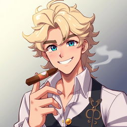 An anime-style handsome man with light long curly hair and blue eyes, smiling warmly