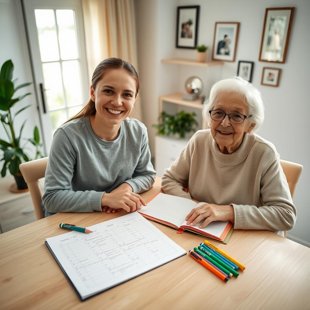 A high-resolution image of a young and kind caregiver sitting at a light wooden table next to a smiling elderly woman