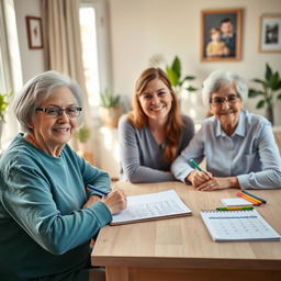 A high-resolution image of a young and kind caregiver sitting at a light wooden table next to a smiling elderly woman