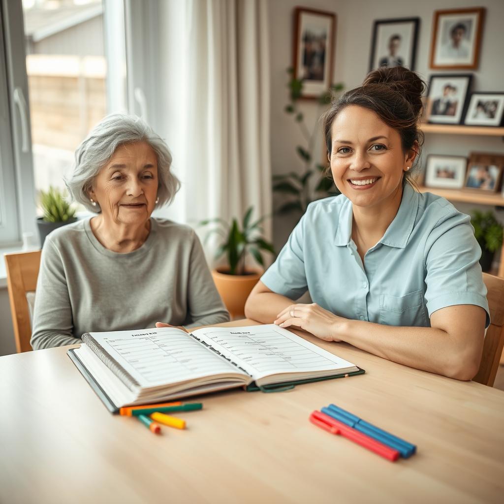 A high-resolution image of a young and kind caregiver sitting at a light wooden table next to a smiling elderly woman