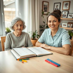 A high-resolution image of a young and kind caregiver sitting at a light wooden table next to a smiling elderly woman