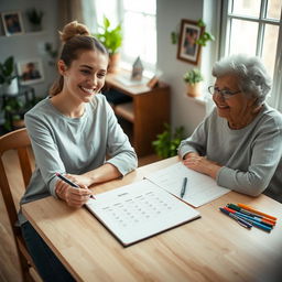 A high-resolution image of a young and kind caregiver sitting at a light wooden table next to a smiling elderly woman