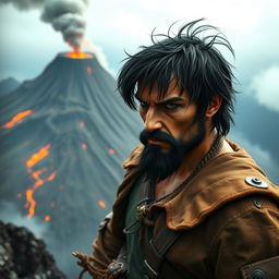 An evil male fantasy pirate with short black hair and a short pointy beard, standing on a cliff and staring intensely at a distant volcanic fortress