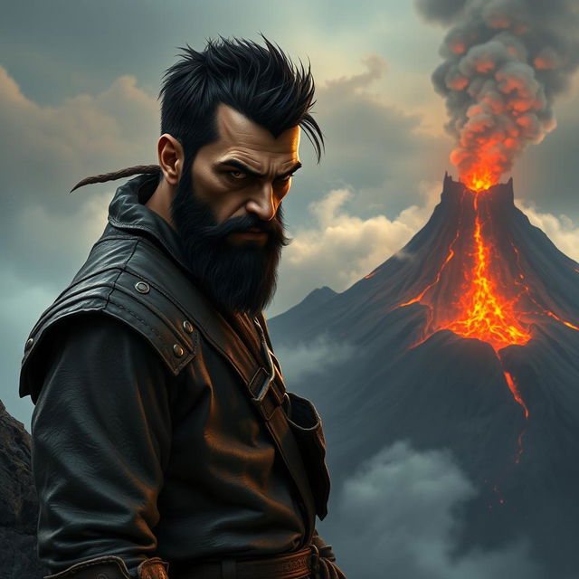 An evil male fantasy pirate with short black hair and a short pointy beard, standing on a cliff and staring intensely at a distant volcanic fortress