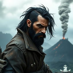 An evil male fantasy pirate with short black hair and a short pointy beard, standing on a cliff and staring intensely at a distant volcanic fortress