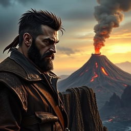 An evil male fantasy pirate with short black hair and a short pointy beard, standing on a cliff and staring intensely at a distant volcanic fortress