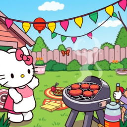 Hello Kitty enjoying a BBQ in a cozy backyard setting