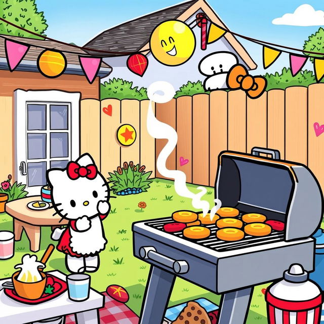 Hello Kitty enjoying a BBQ in a cozy backyard setting