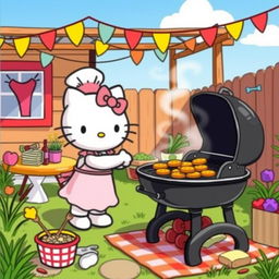 Hello Kitty enjoying a BBQ in a cozy backyard setting