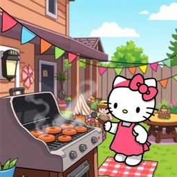 Hello Kitty enjoying a BBQ in a cozy backyard setting