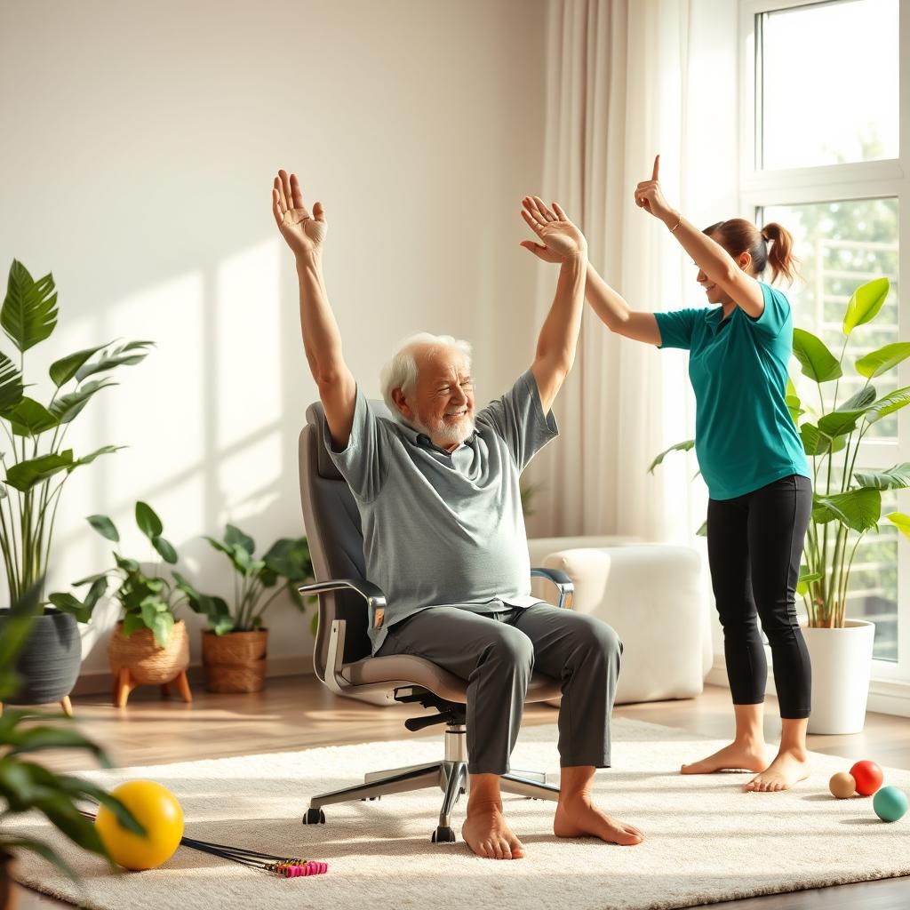 A realistic photograph of an elderly adult doing morning stretching exercises in a well-lit living room