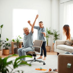 A realistic photograph of an elderly adult doing morning stretching exercises in a well-lit living room