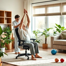 A realistic photograph of an elderly adult doing morning stretching exercises in a well-lit living room