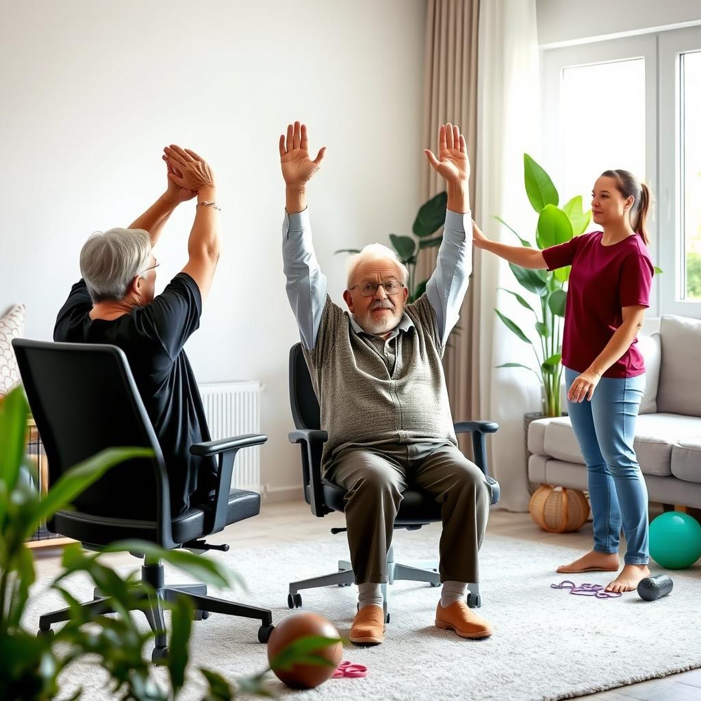 A realistic photograph of an elderly adult doing morning stretching exercises in a well-lit living room