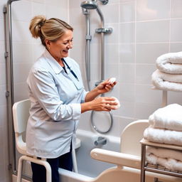 A detailed image showing a professional caregiver gently assisting an elderly person during a bath in a modern, specially adapted bathroom