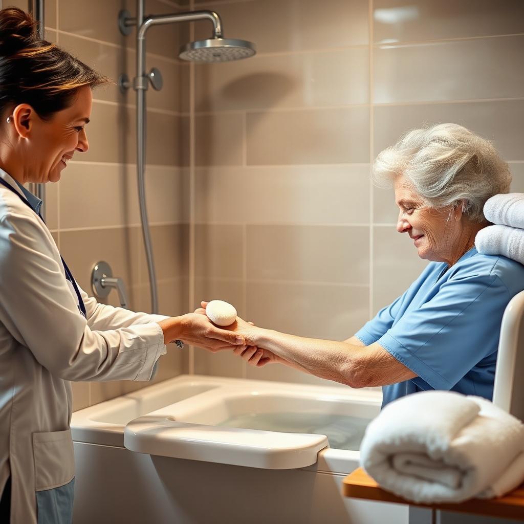 A detailed image showing a professional caregiver gently assisting an elderly person during a bath in a modern, specially adapted bathroom