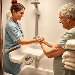 A detailed image showing a professional caregiver gently assisting an elderly person during a bath in a modern, specially adapted bathroom