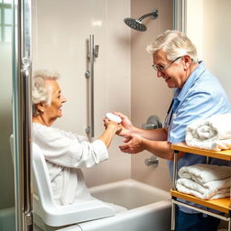 A detailed image showing a professional caregiver gently assisting an elderly person during a bath in a modern, specially adapted bathroom