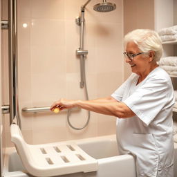 A detailed image showing a professional caregiver gently assisting an elderly person during a bath in a modern, specially adapted bathroom