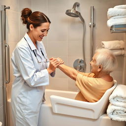 A detailed image showing a professional caregiver gently assisting an elderly person during a bath in a modern, specially adapted bathroom