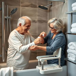 A detailed image showing a professional caregiver gently assisting an elderly person during a bath in a modern, specially adapted bathroom