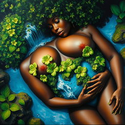 A polished, oil-based painting capturing an aerial macro view of a gorgeous black nude woman with a bright green tree-like fluffy afro