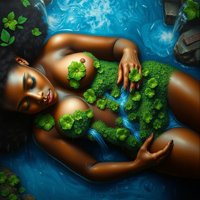 A polished, oil-based painting capturing an aerial macro view of a gorgeous black nude woman with a bright green tree-like fluffy afro