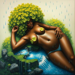 A polished, oil-based painting capturing an aerial macro view of a gorgeous black nude woman with a bright green tree-like fluffy afro