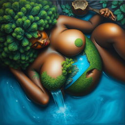 A polished, oil-based painting capturing an aerial macro view of a gorgeous black nude woman with a bright green tree-like fluffy afro