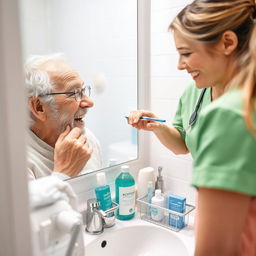 A close-up photograph of an older adult sitting comfortably in front of a well-lit bathroom mirror, brushing their teeth with a soft-bristled toothbrush under the guidance of a smiling dental hygienist