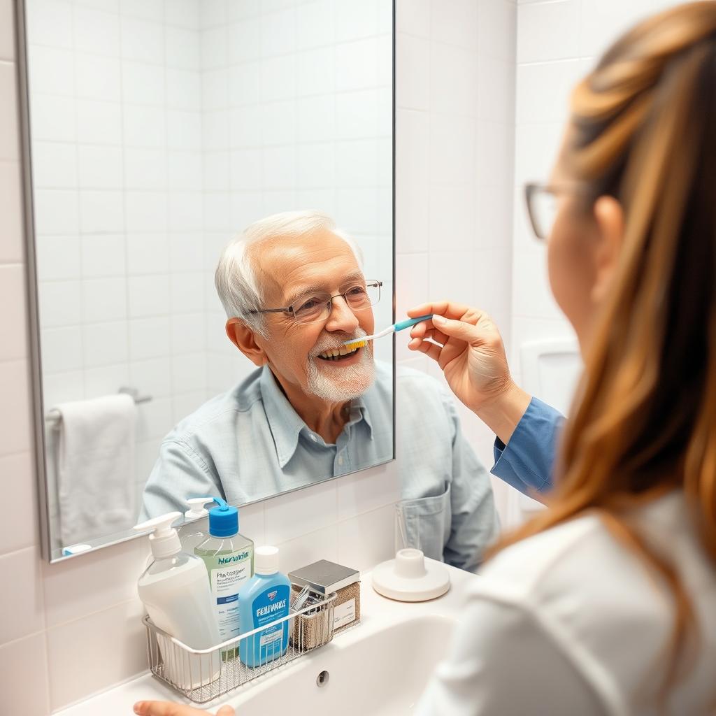 A close-up photograph of an older adult sitting comfortably in front of a well-lit bathroom mirror, brushing their teeth with a soft-bristled toothbrush under the guidance of a smiling dental hygienist