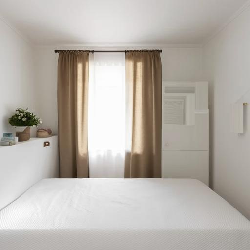 A small, aesthetically pleasing white bedroom with a window placed directly behind the bed, creating a beautiful backdrop. An attached dressing room adjoins the space