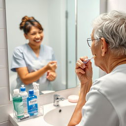 A close-up photograph of an older adult sitting comfortably in front of a well-lit bathroom mirror, brushing their teeth with a soft-bristled toothbrush under the guidance of a smiling dental hygienist