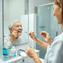 A close-up photograph of an older adult sitting comfortably in front of a well-lit bathroom mirror, brushing their teeth with a soft-bristled toothbrush under the guidance of a smiling dental hygienist