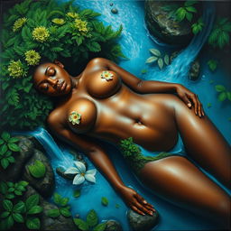 A polished, oil-based painting capturing an aerial macro view of a gorgeous black nude woman with a bright green tree-like fluffy afro