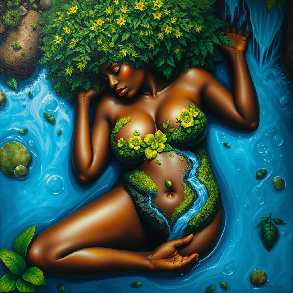 A polished, oil-based painting capturing an aerial macro view of a gorgeous black nude woman with a bright green tree-like fluffy afro