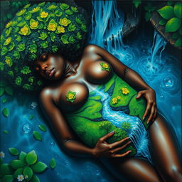 A polished, oil-based painting capturing an aerial macro view of a gorgeous black nude woman with a bright green tree-like fluffy afro