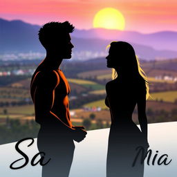 A romantic scene with two silhouetted figures of a young man and woman observing a vibrant landscape