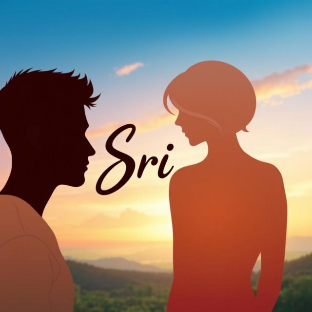 A romantic scene with two silhouetted figures of a young man and woman observing a vibrant landscape