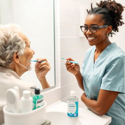 A close-up photograph of an elderly person sitting comfortably in front of a well-lit bathroom mirror, brushing their teeth with a soft-bristle toothbrush, guided by a smiling dental hygienist