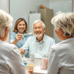 A close-up photograph of an elderly person sitting comfortably in front of a well-lit bathroom mirror, brushing their teeth with a soft-bristle toothbrush, guided by a smiling dental hygienist