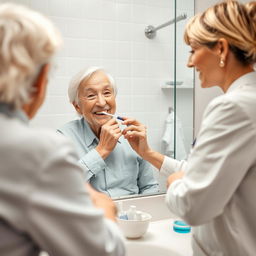 A close-up photograph of an elderly person sitting comfortably in front of a well-lit bathroom mirror, brushing their teeth with a soft-bristle toothbrush, guided by a smiling dental hygienist