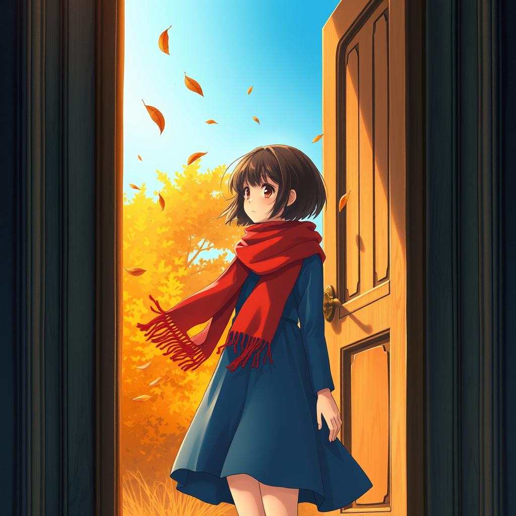 A book cover featuring a short-haired brunette girl wearing a red scarf and a blue dress