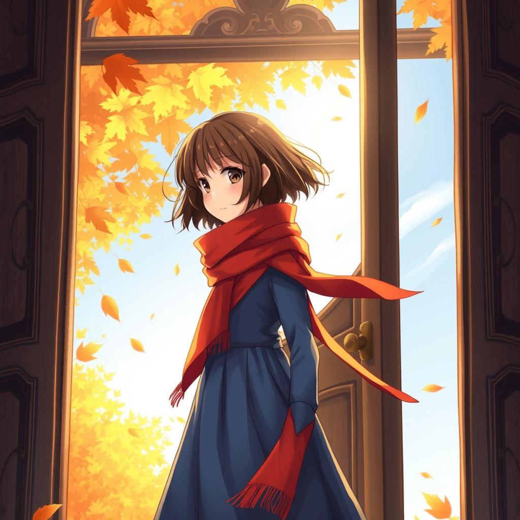 A book cover featuring a short-haired brunette girl wearing a red scarf and a blue dress