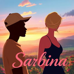 A realistic romantic scene featuring two silhouetted figures of a young man and woman observing a vibrant landscape