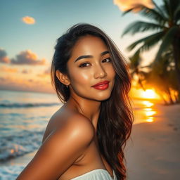 Photorealistic image of a beautiful Filipina woman in an elegant pose, highlighting her natural grace and beauty